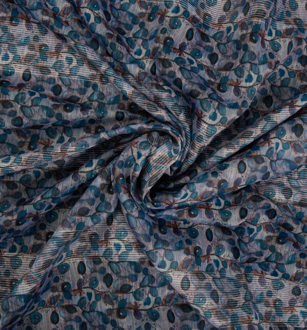 Crochet with digital leaf print on synthetic chanderi slub