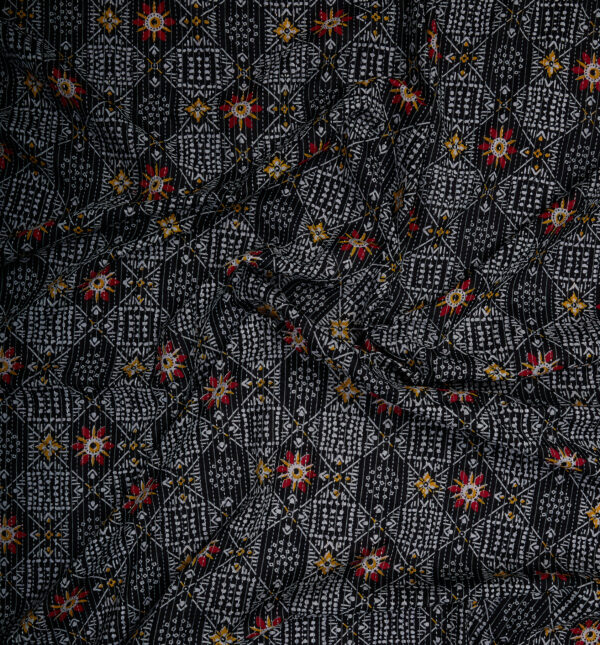 Abstract print on black cotton fabric with Katha work - Image 3