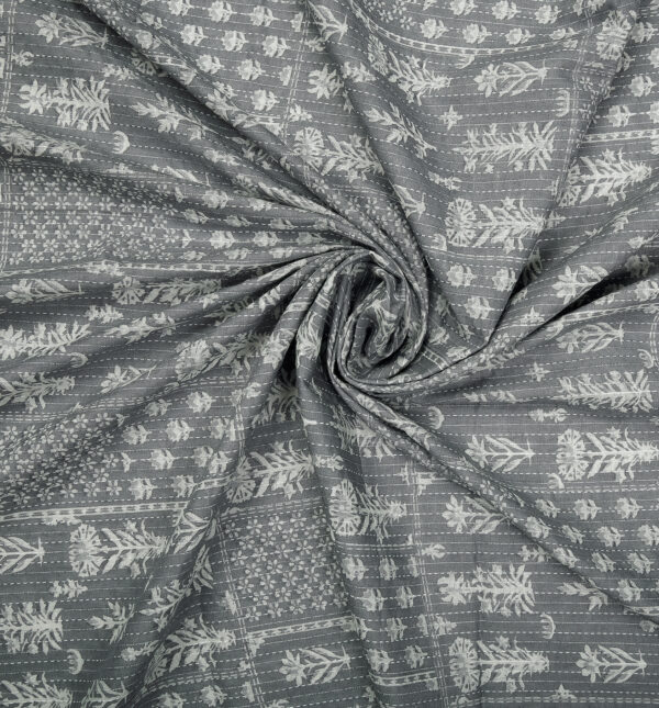 Floral print on grey cotton fabric with Katha work