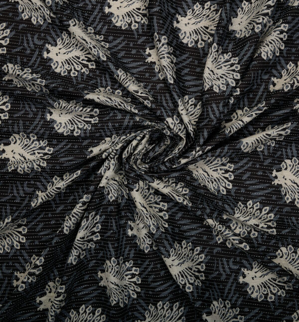 Abstract print on black cotton fabric with Katha work