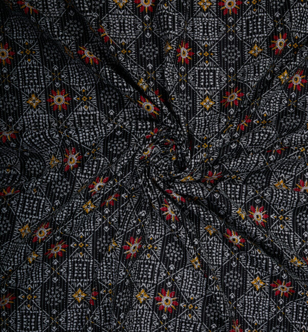 Abstract print on black cotton fabric with Katha work