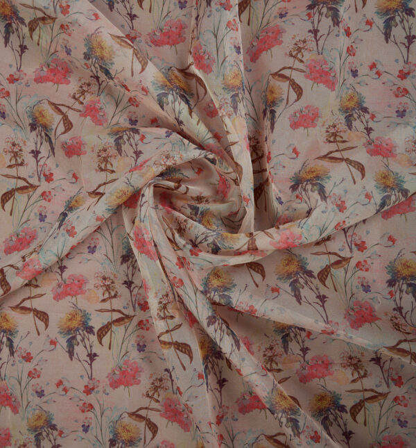 Digital floral print on light pink glass organza fabric