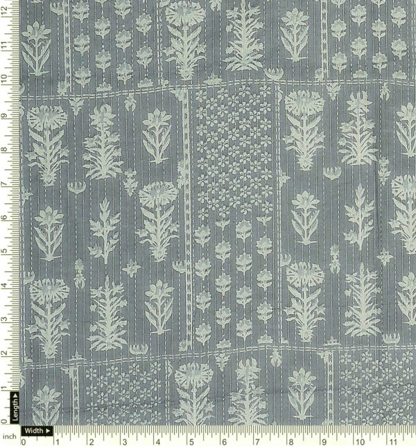 Floral print on grey cotton fabric with Katha work - Image 4