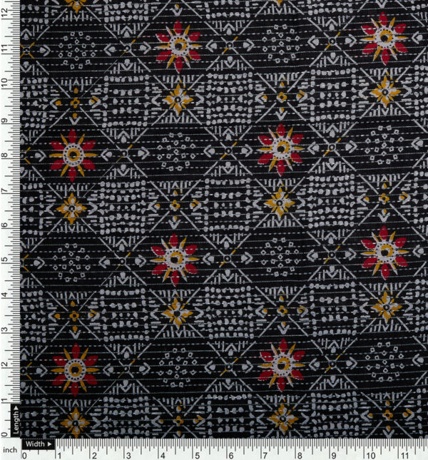 Abstract print on black cotton fabric with Katha work - Image 4