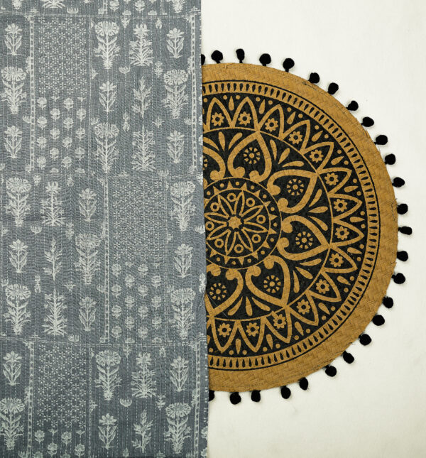 Floral print on grey cotton fabric with Katha work - Image 5