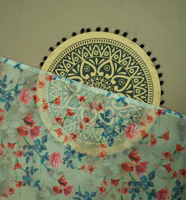 Digital floral print on light green glass organza fabric - Image 5